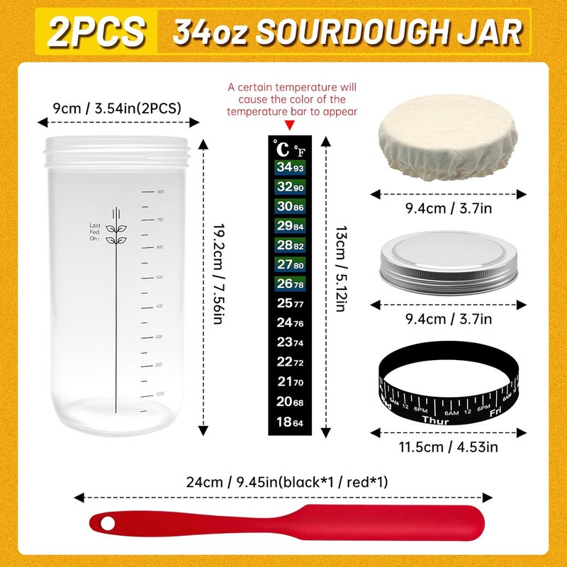 Bowasin Sourdough Starter Jar Glass 2 Pack 34OZ Sourdough Starter Kit Sourdough Jar,Sour Dough Starter Jars with Marked Feeding Band,Scraper, Cloth Cover and aluminum Lid,Large Wide Mouth Jars - Image 2